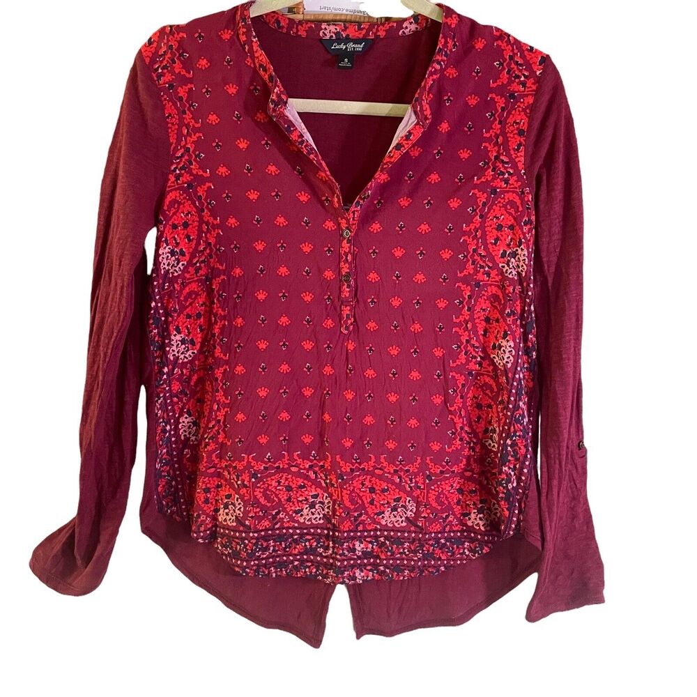 Lucky Brand Sz S Boho Navajo Red Paisley Print Cotton Blend Top w Back Detail